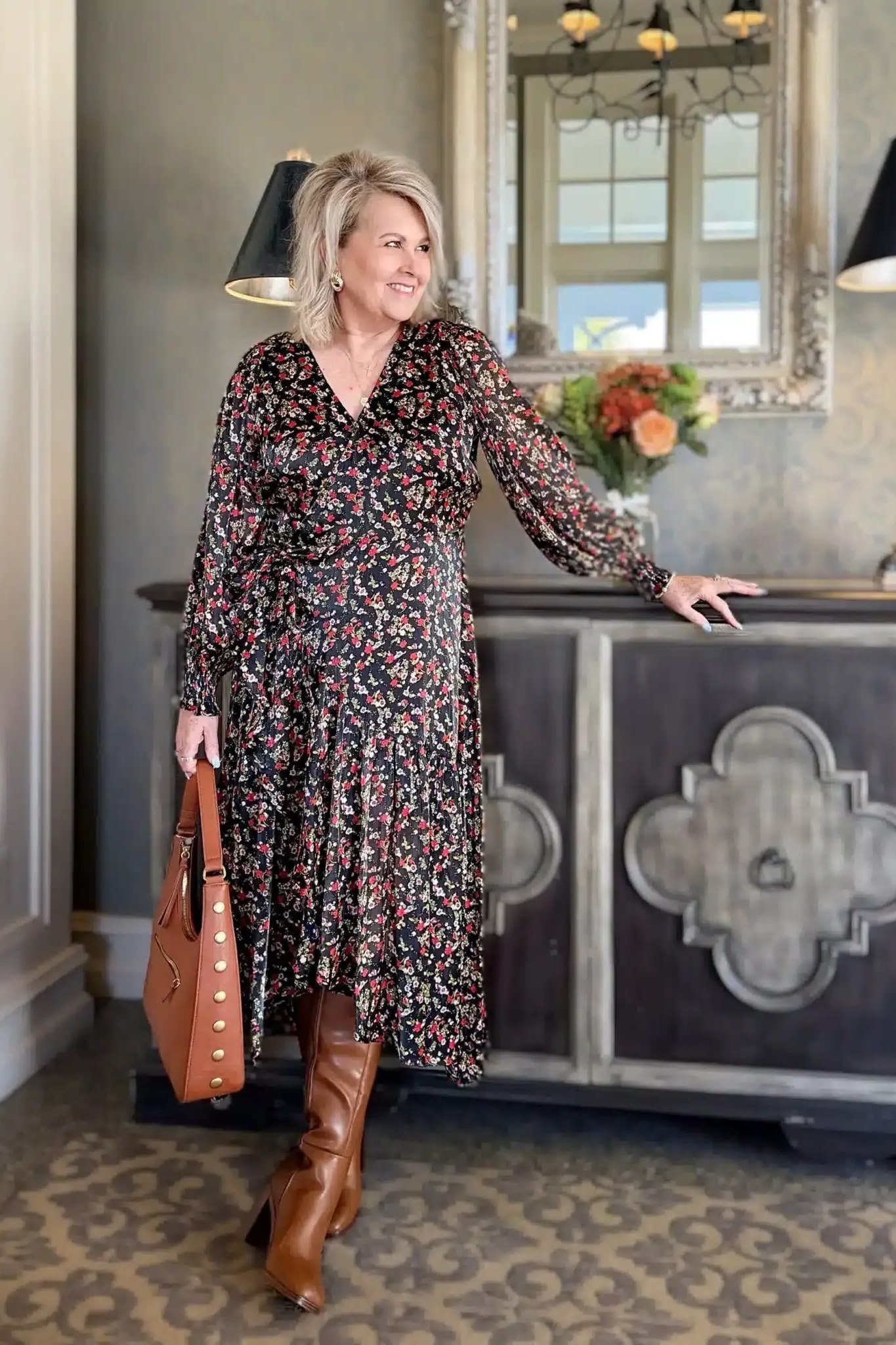 Dark floral midi dress tan boots dark floral midi dress tan boots 50s leaning - fall outfit idea for women over 40