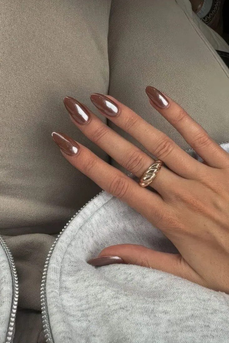 Taupe Chrome Almond Nails - brown nail idea for women over 50