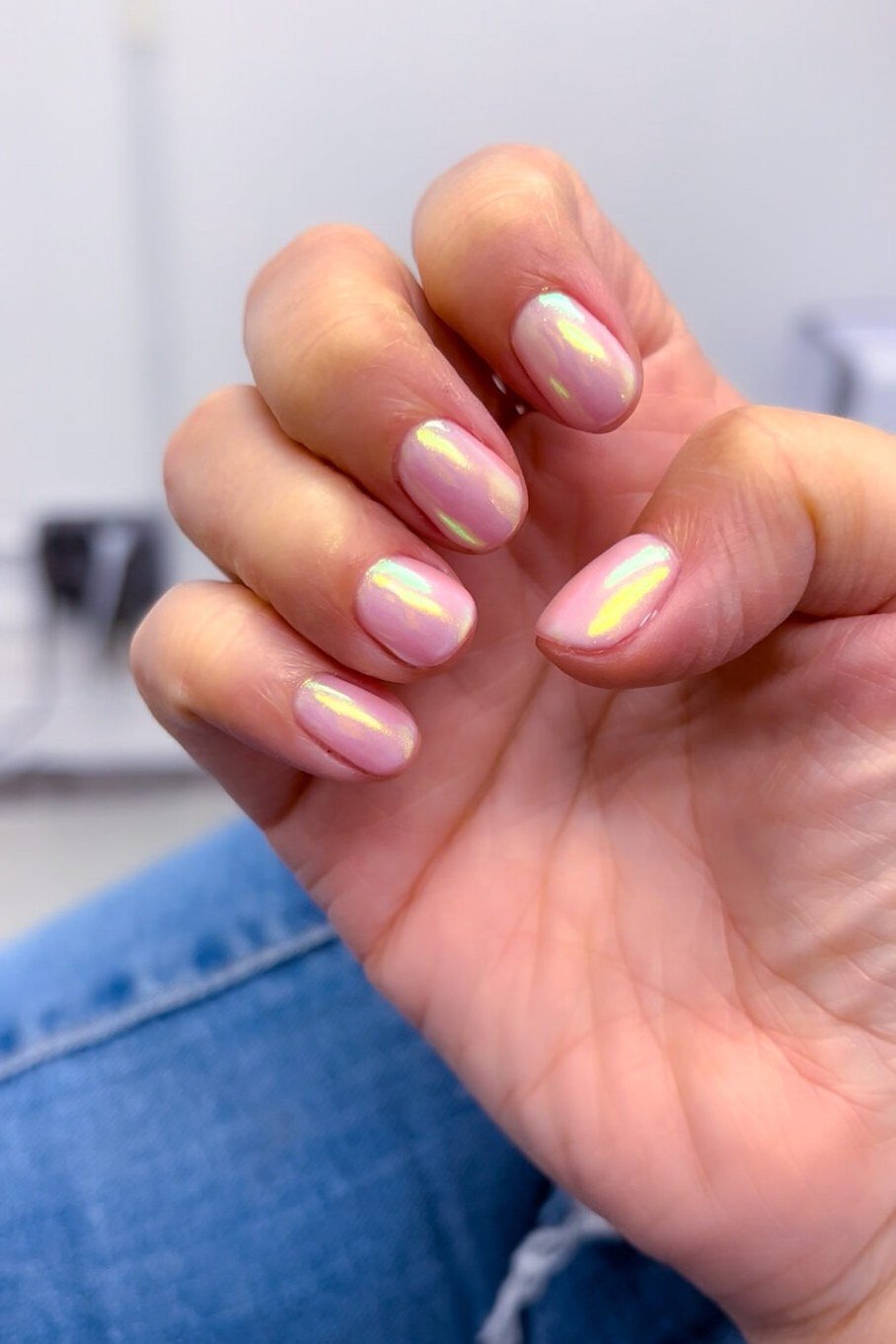 Pink-Gold Chrome on Short Oval Nails - chrome nail designs for women over 60