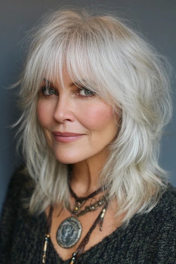 Chic White Shag with Bangs - medium shag haircut for women over 40