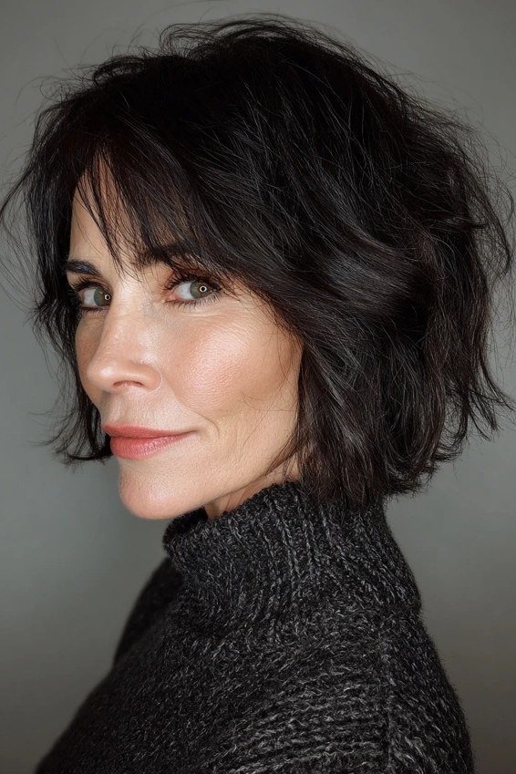dark textured bob tousled side part - textured bob haircut idea for women over 60
