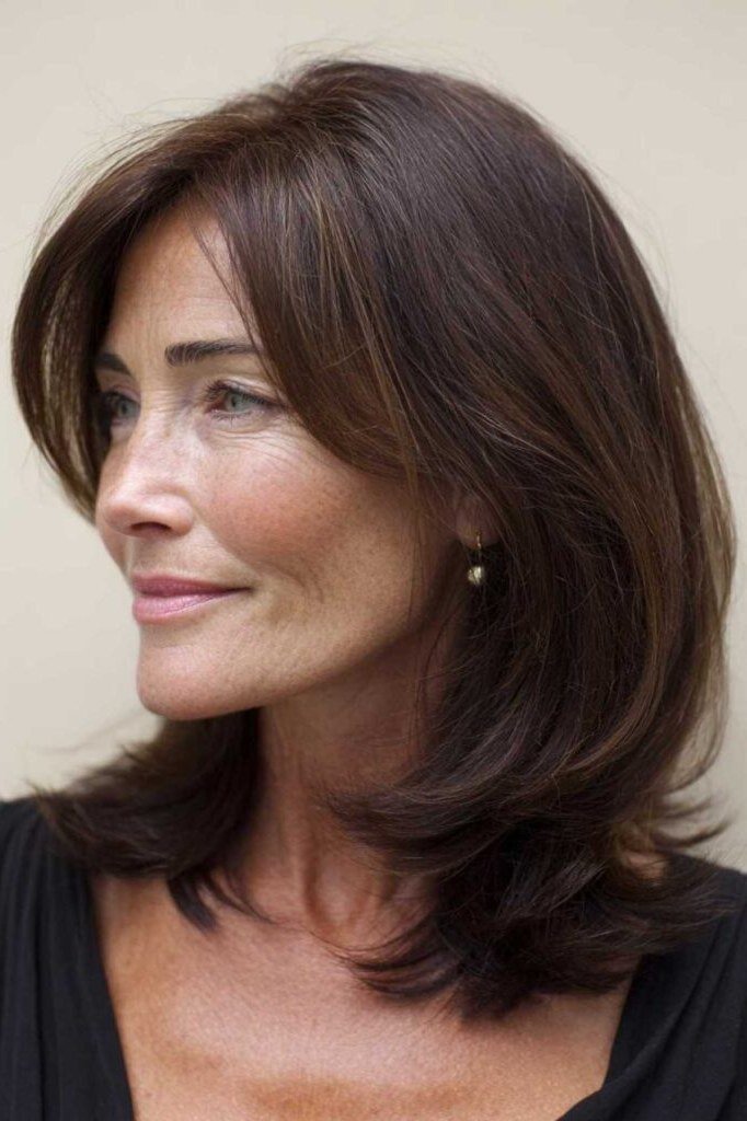 Classic Brunette Layered Lob in Profile - layered lob hairstyle for women over 60