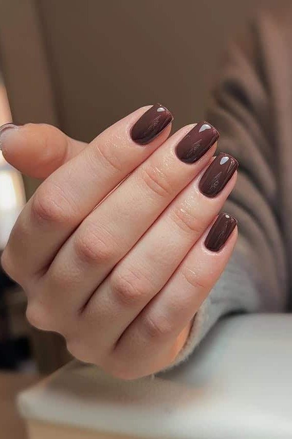 Brown Short Squoval - short nail design for women over 60 that makes nails look longer