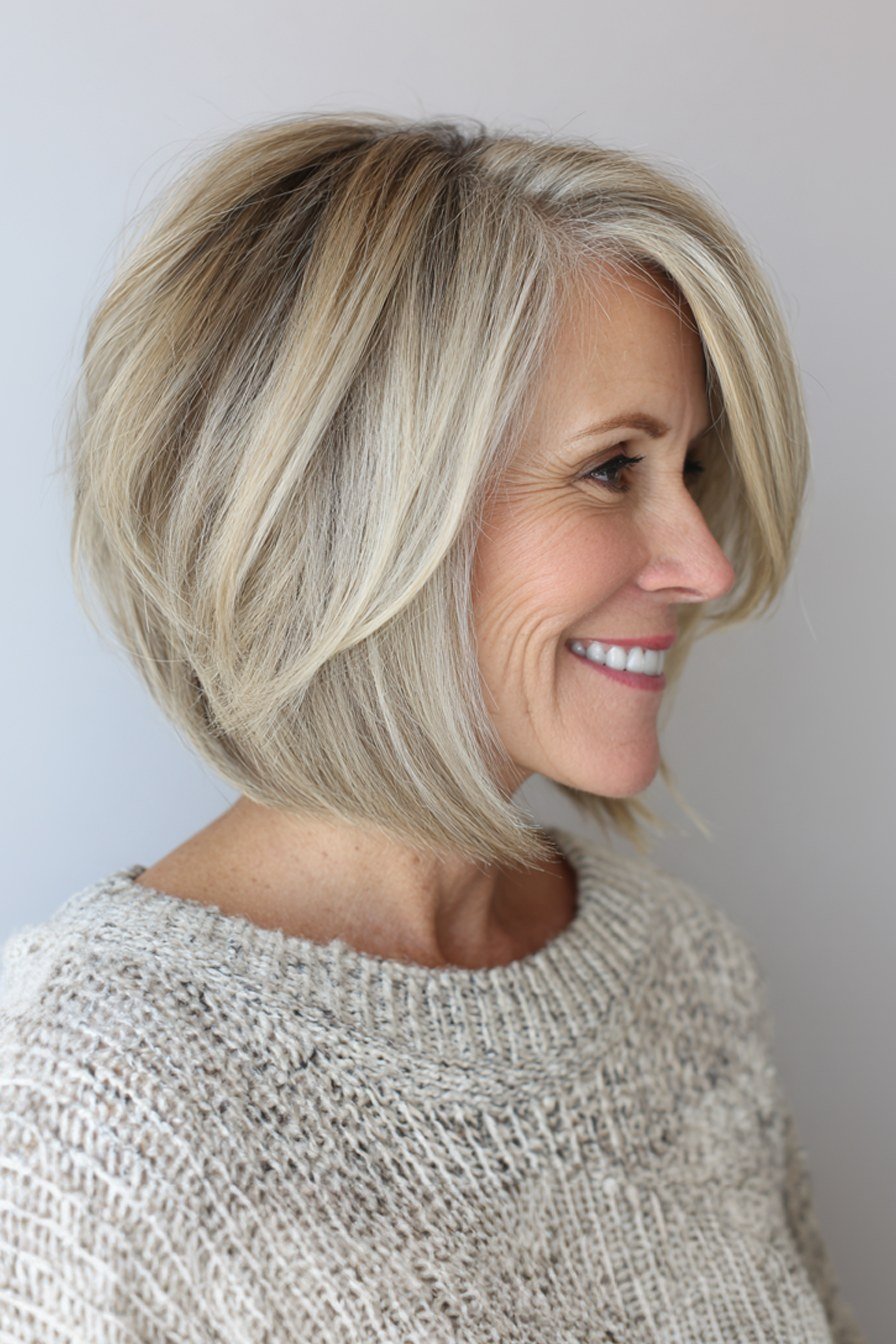 Blonde sleek angled bob with a sharp jawline finish for women over 60