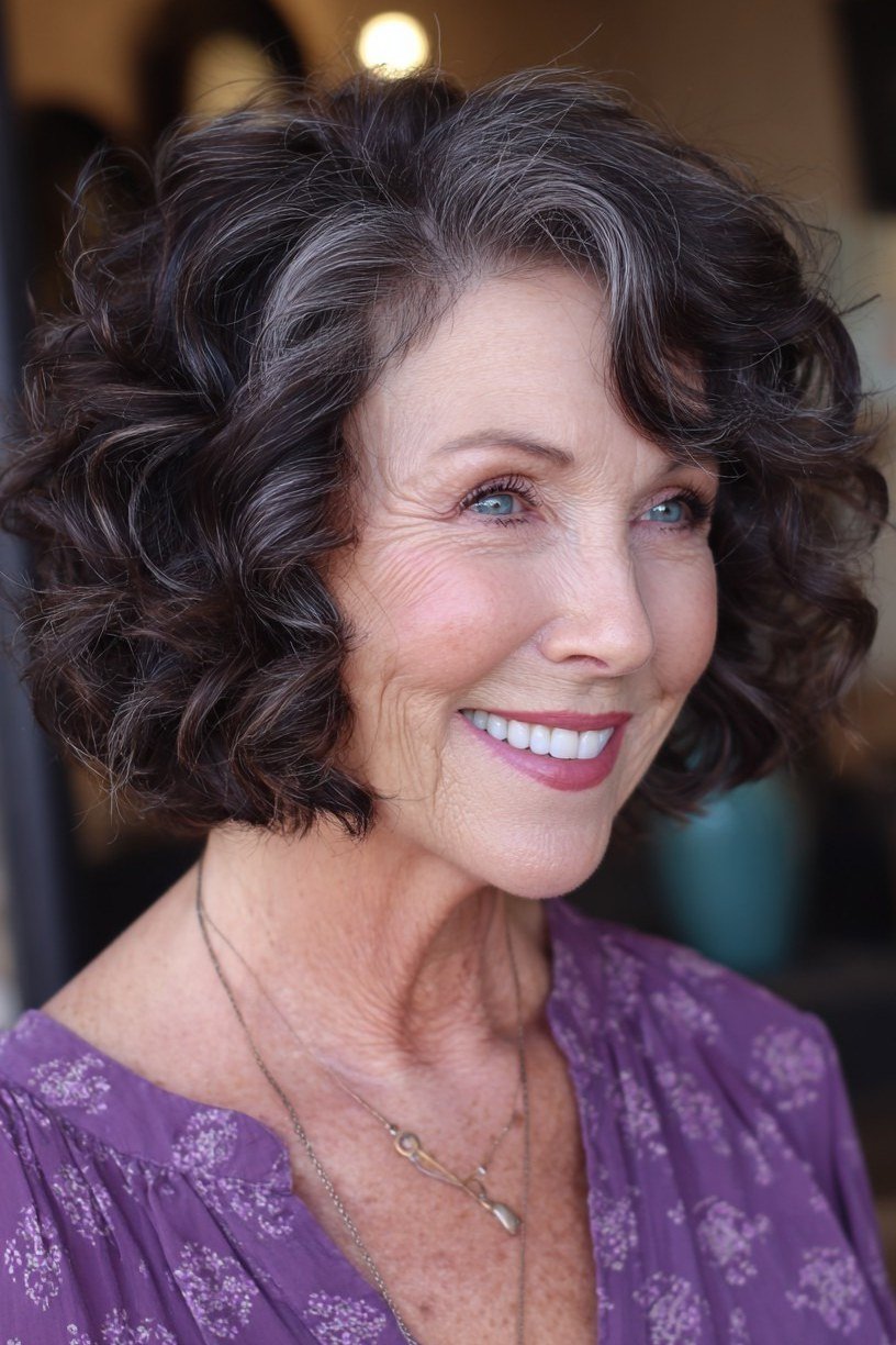 Dark chocolate curly lob on smiling older woman