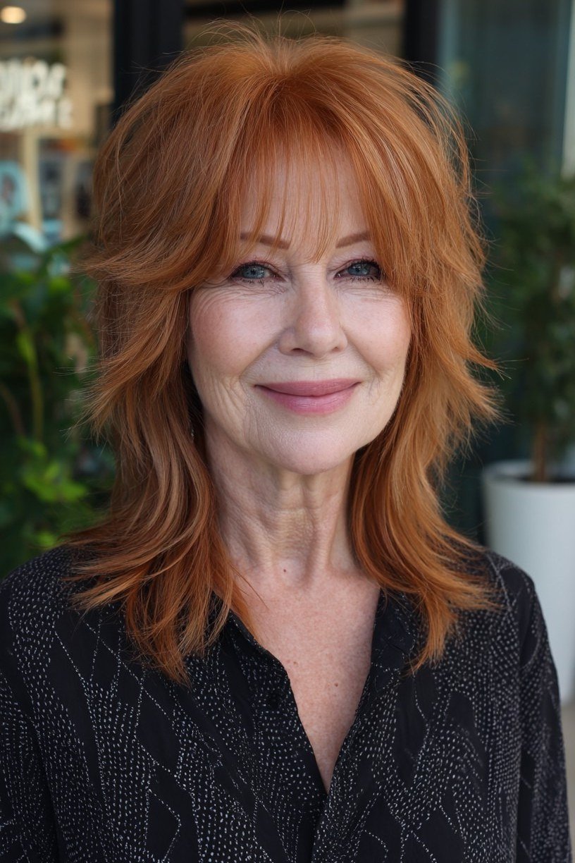Copper Red Shaggy Lob with Bangs - medium hairstyle for women over 60