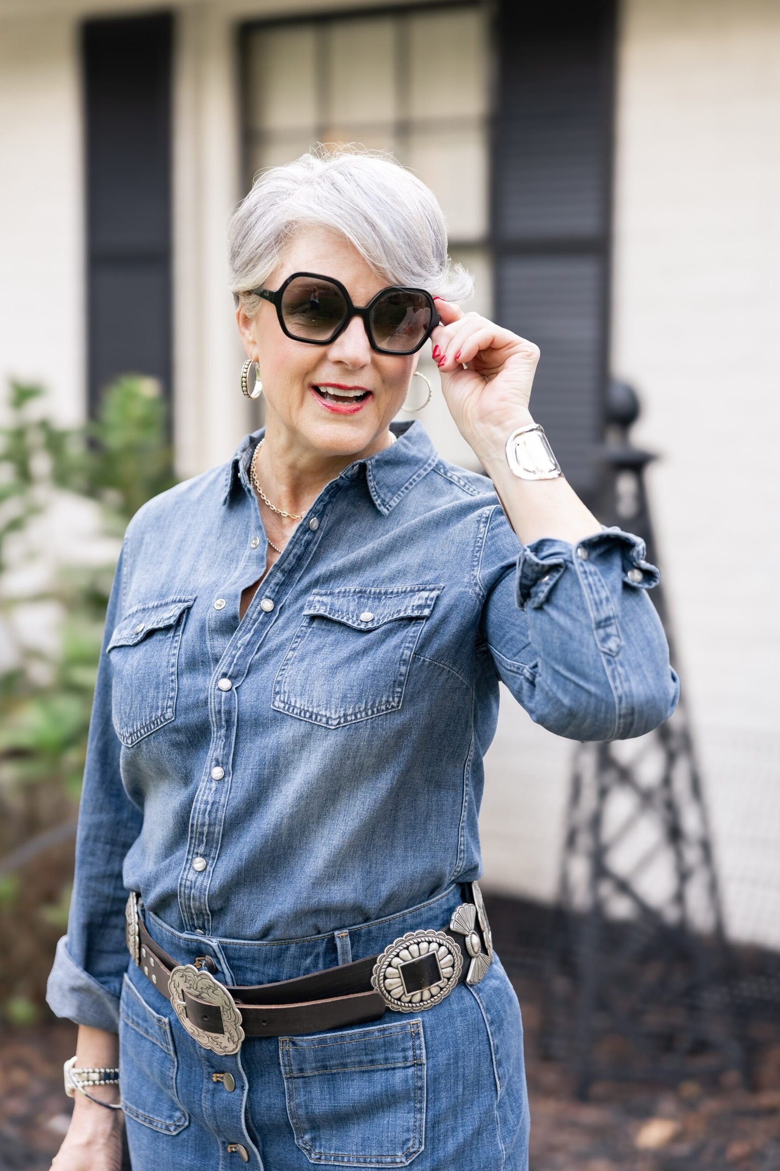 Denim chambray quilted jacket outfit for women over 60