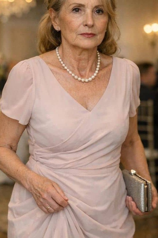 Blush pink draped dress with pearl necklace, close view - wedding guest outfit for women over 50