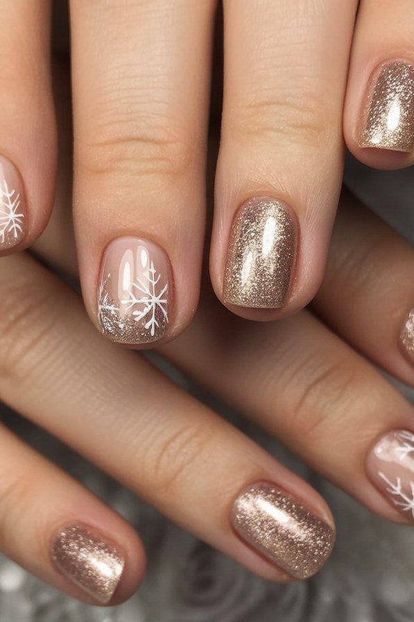 Champagne Gold Metallic Nails with Snowflake Accent, fun winter nail idea for women over 60