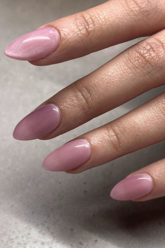 Blush Pink Cat Eye Nails - Soft blush pink with gentle magnetic shimmer covers these medium length almond nails.