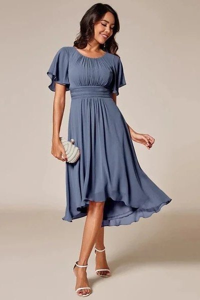 Dusty blue flutter-sleeve midi dress for women over 60