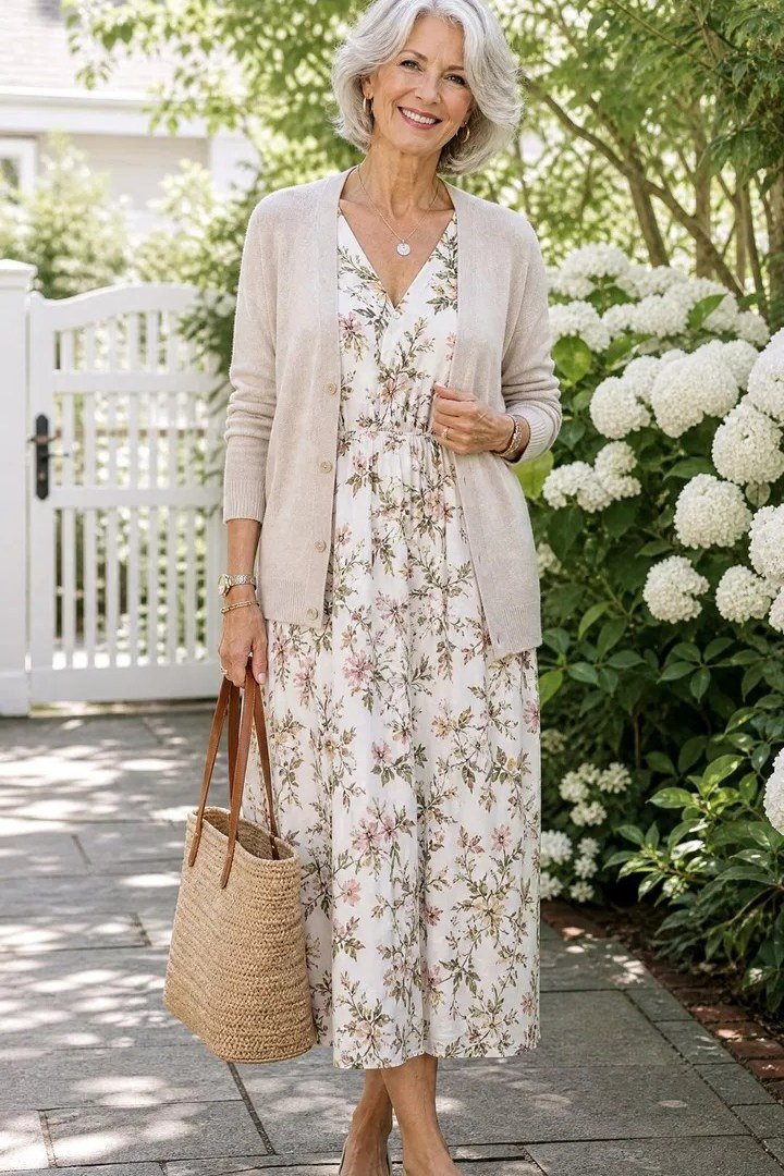 floral midi dress with beige cardigan, sweet daytime outfit for women over 50