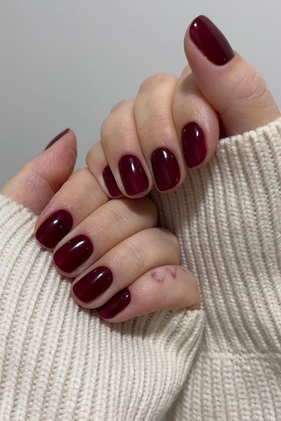 Deep Burgundy Short Rounded Nails, fall nail color idea for women over 50