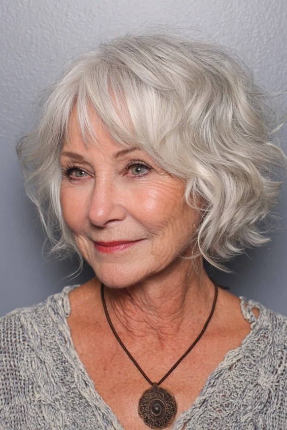 Playful white wavy layered medium-length hairstyle with bangs, front view, for women over 50