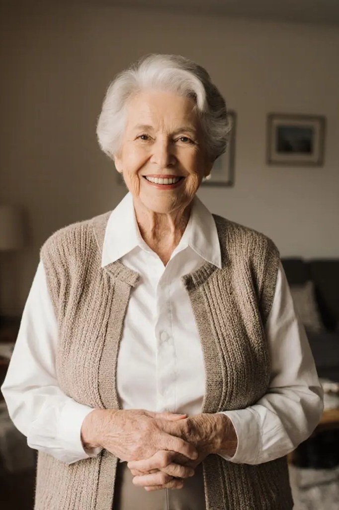Beige knit vest over white shirt and trousers seated portrait, cozy sweater outfit idea for women over 70