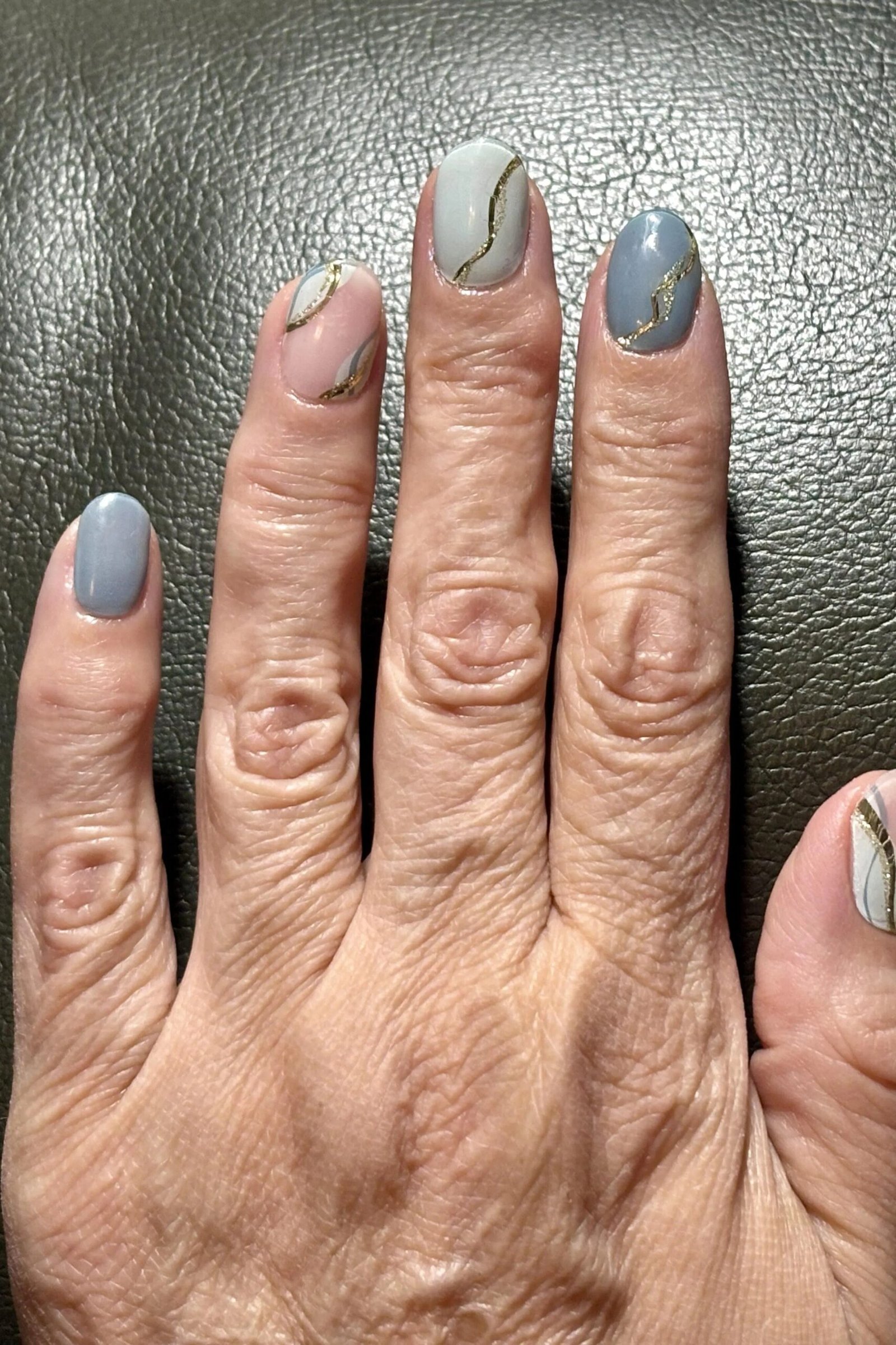Grey Blue Gel Nails - short gel nail idea for women over 50