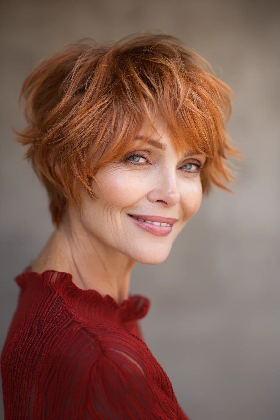 Copper pixie with textured bangs for women over 60, three quarter view