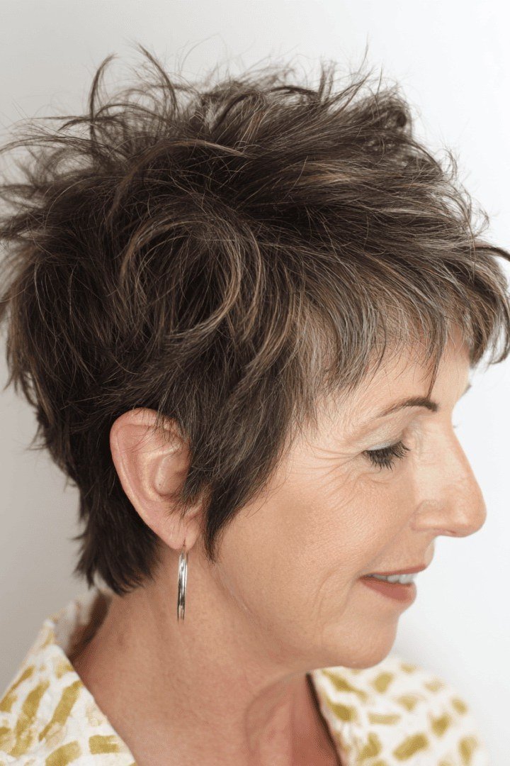 dark brunette choppy pixie for women over 50 side view