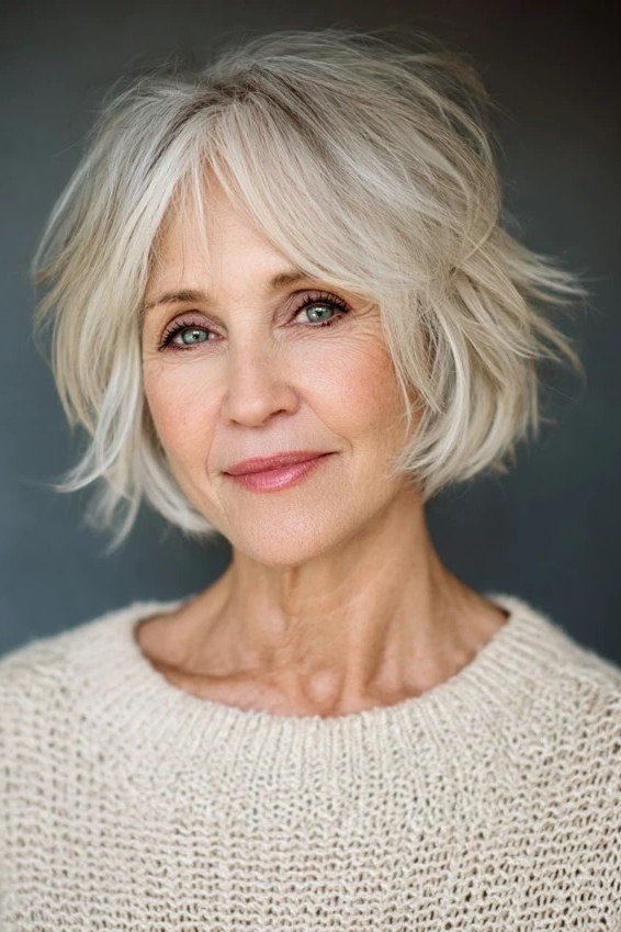 White bob with bangs, front view, cream sweater, short layered bob hairstyle for women over 60