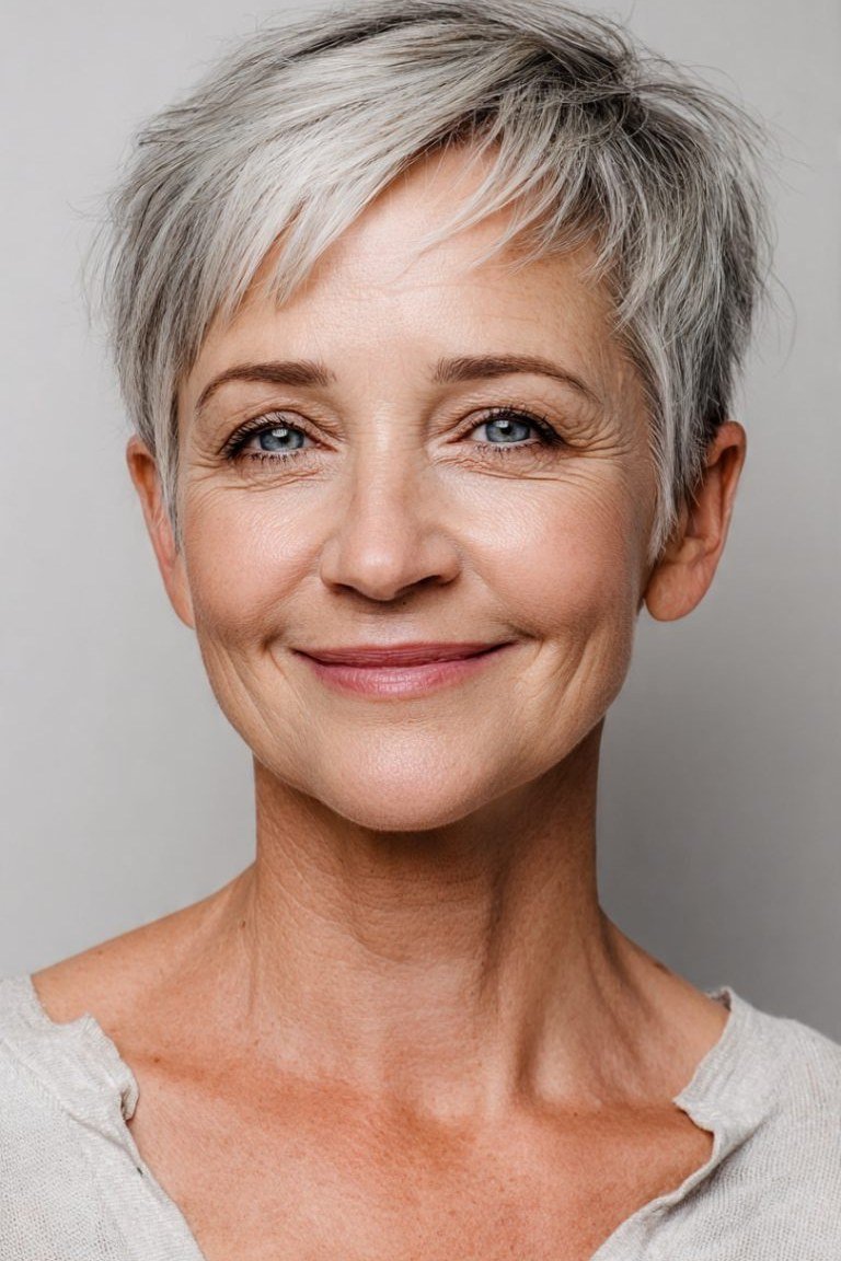 silver pixie with short bangs, smiling front view hairstyle for women over 70