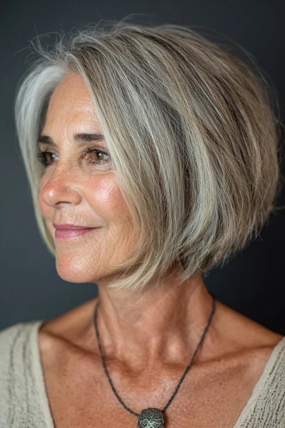 Silver french bob with grey-gold tones and wispy bangs