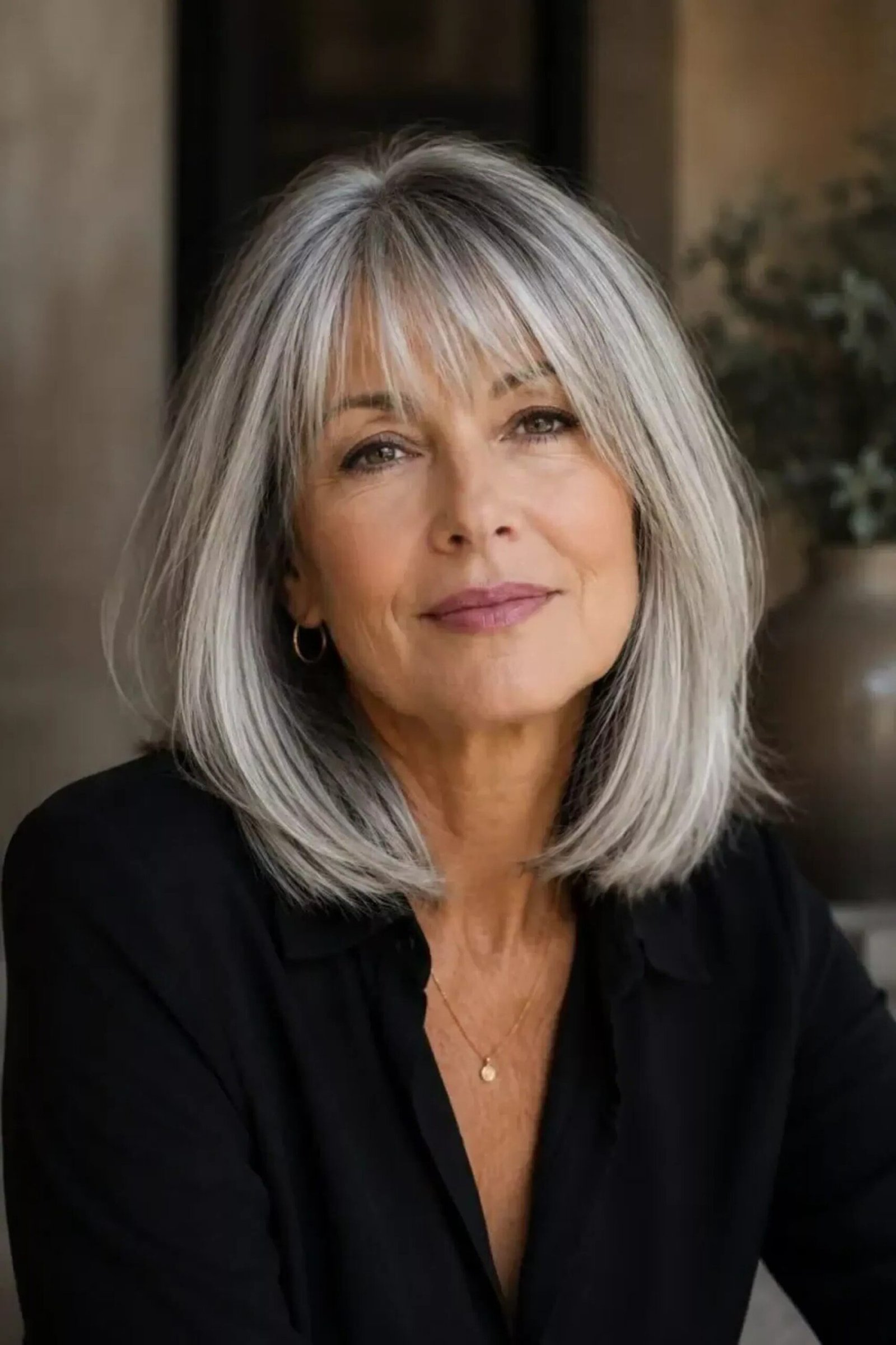Silver Bob with Bangs - grey shoulder length hairstyle for women over 60