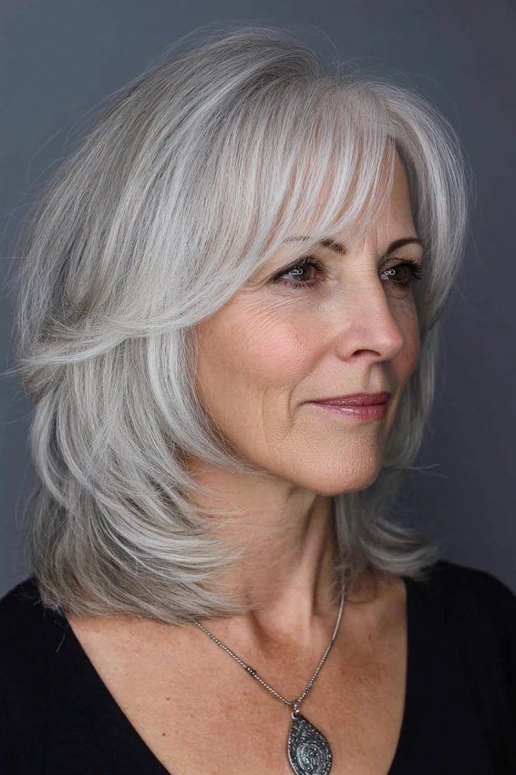 Layered Grey Shoulder Hair - grey hairstyle for women over 60