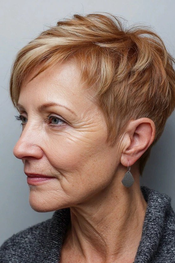 Copper-toned short pixie haircut, side view, for women over 60