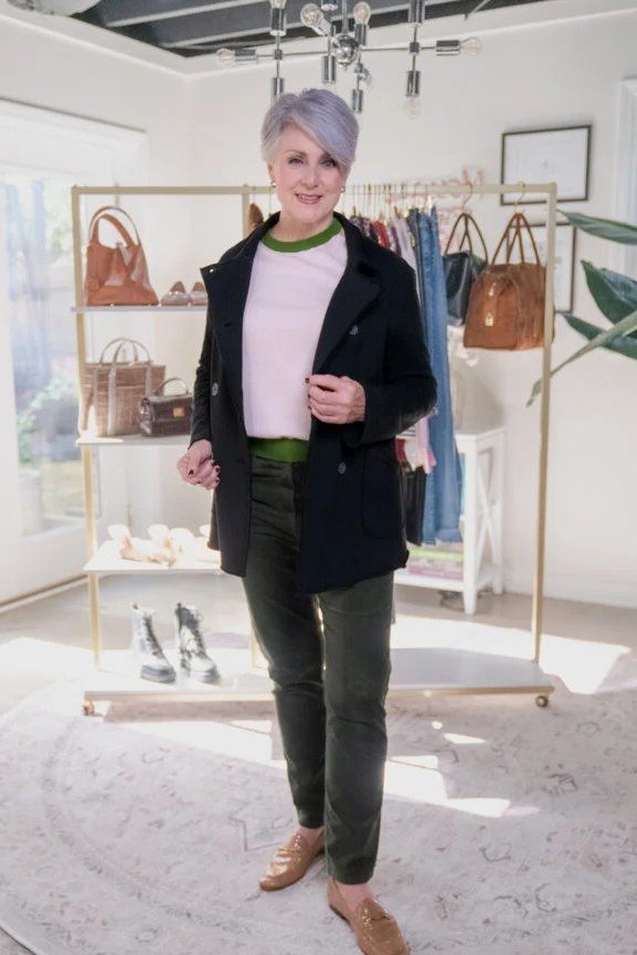 black blazer pink top olive pants fall outfit over 50