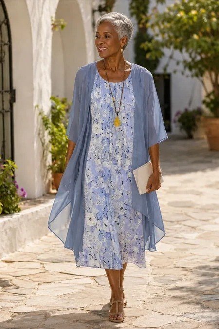 lavender floral dress with duster for women over 60