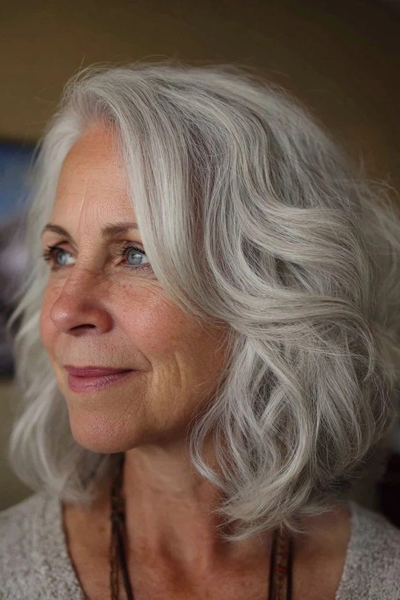 Bright silver wavy lob for women over 60