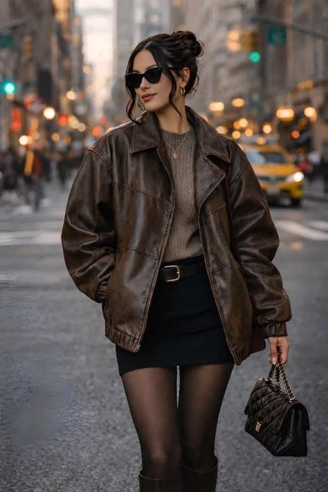 Brown leather jacket with black mini skirt fall outfit idea for women over 60