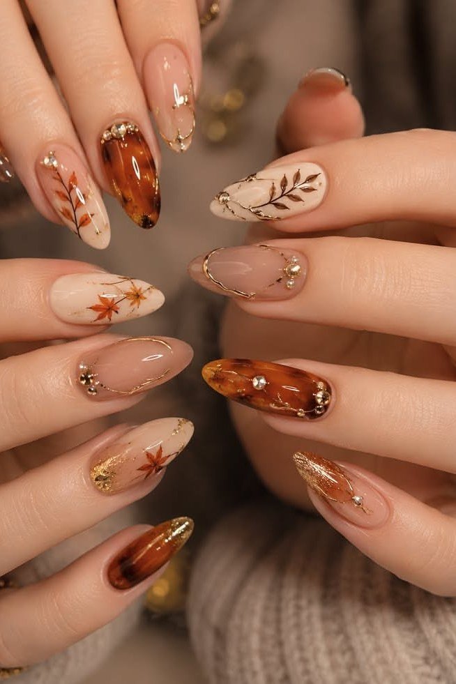 Amber tortoiseshell with fall leaf art accents, almond shape, medium length, glossy, fall nail color for women over 40