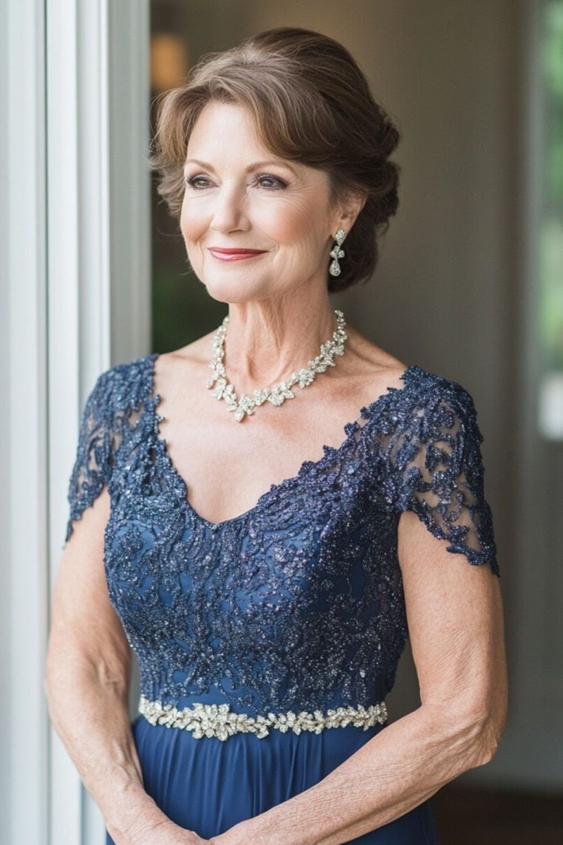 Blue Lace Cap-Sleeve Dress with Beaded Waist - evening outfit for women over 60