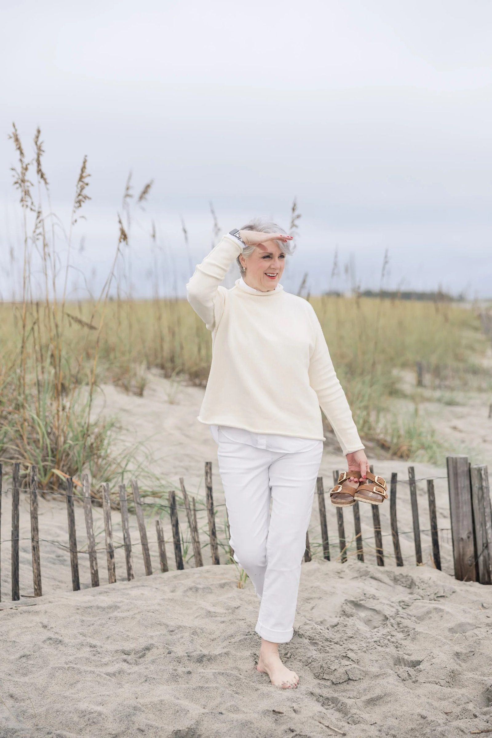 All-White Beach Look outfit for women over 70, chic style idea 42