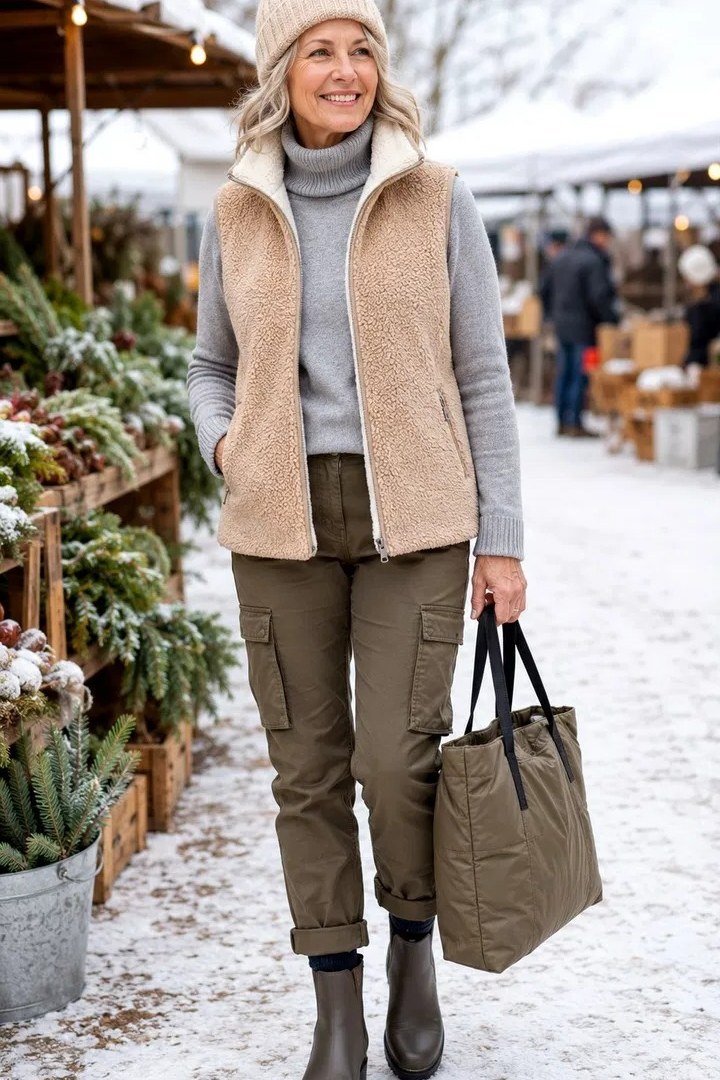 Tan quilted vest with grey turtleneck, olive cargo trousers and beanie at market
