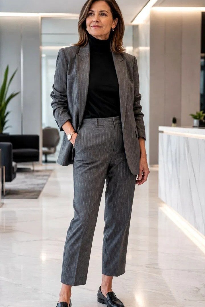 Grey plaid suit with black turtleneck in an office