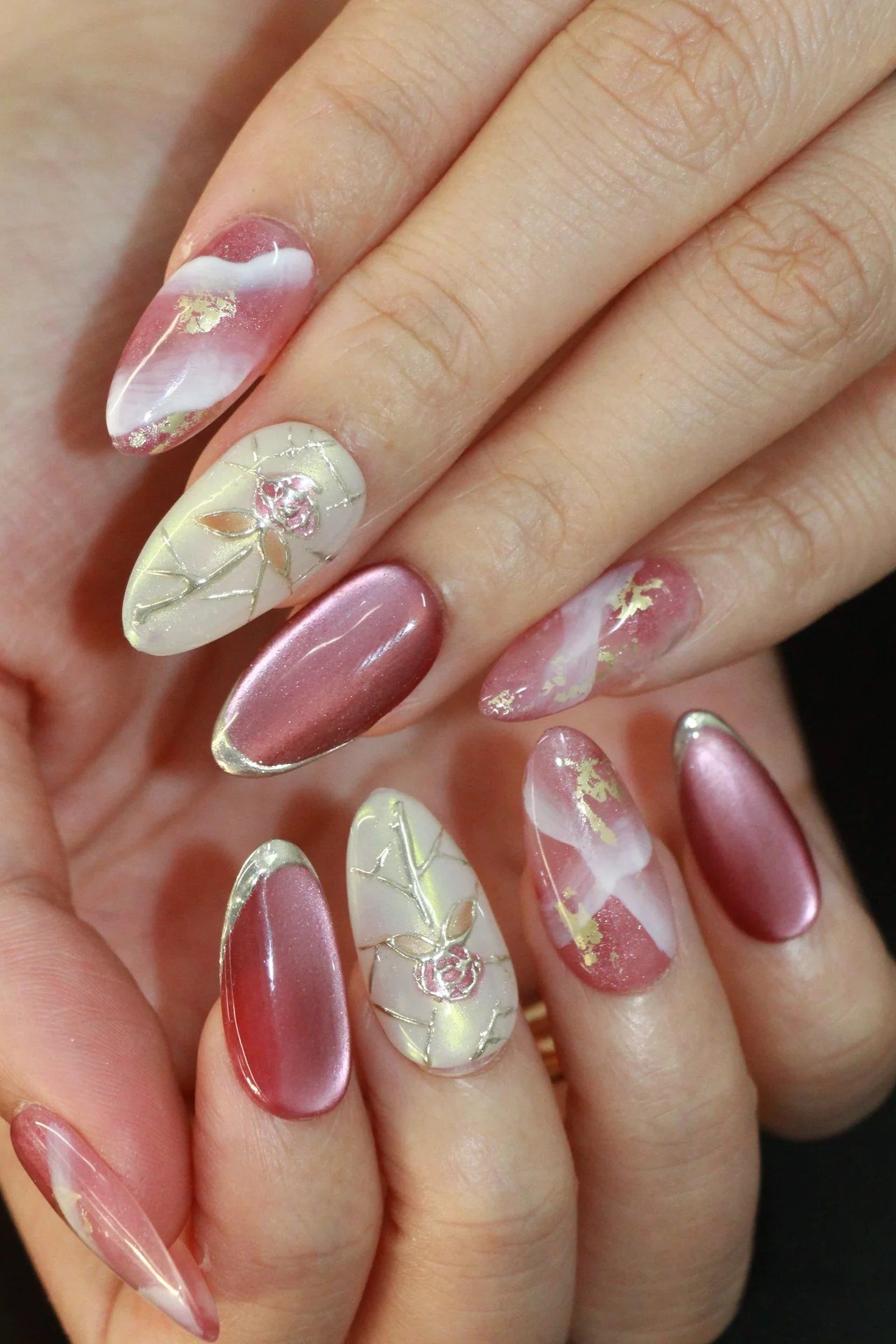 Mauve Almond Nails with Floral Marble Art, elegant mauve nail idea for women over 60