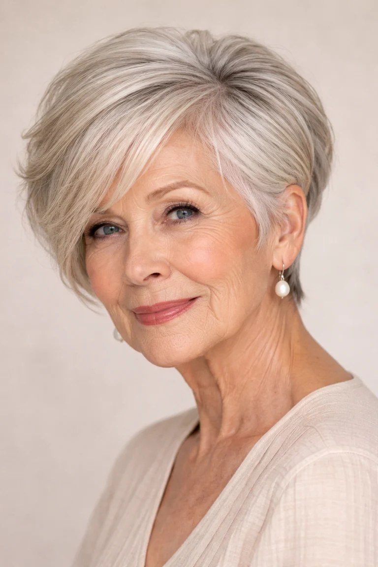 Bright silver pixie haircut for women over 70