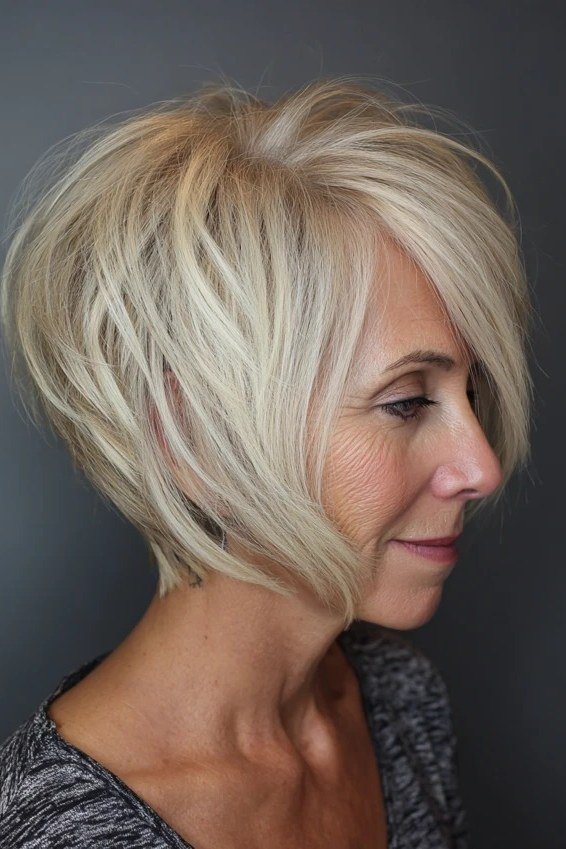 Blonde angled bob with stacked back - trendy short haircut for older women with fine hair