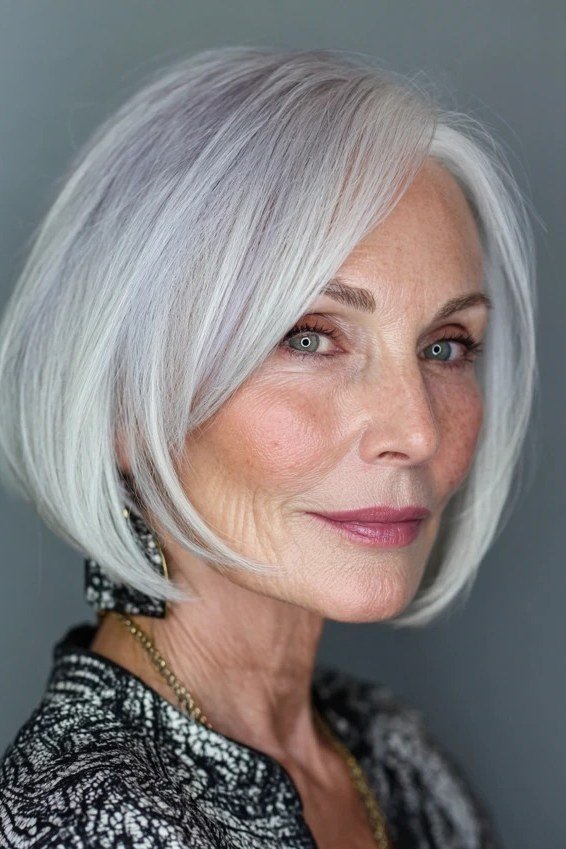 straight silver lob with full bangs, front view