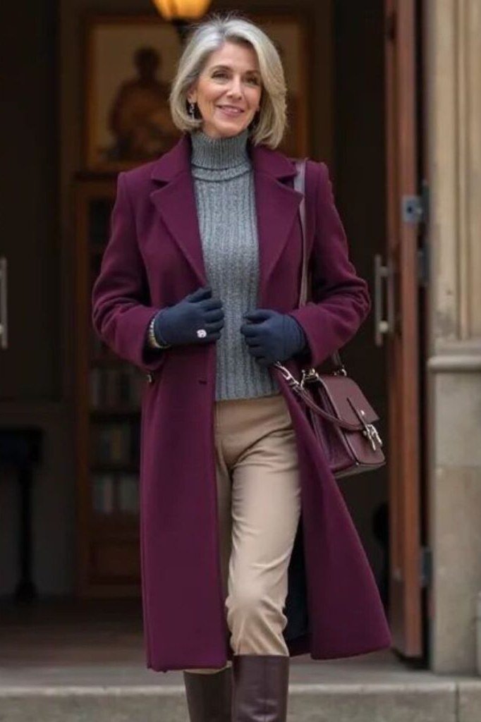 Burgundy wool coat with gray turtleneck and beige trousers for women over 50