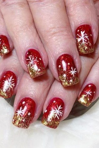 Red Gold Glitter Snowflake Nails - red gold glitter snowflake, glitter winter nail design for women over 60