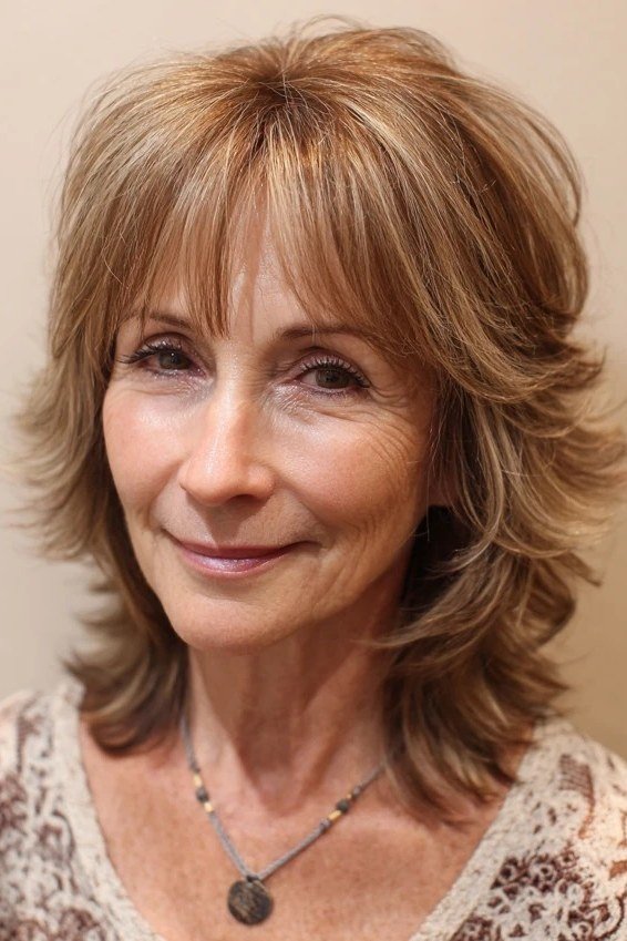 Light brown layered cut with bangs, timeless hairstyle for women over 70