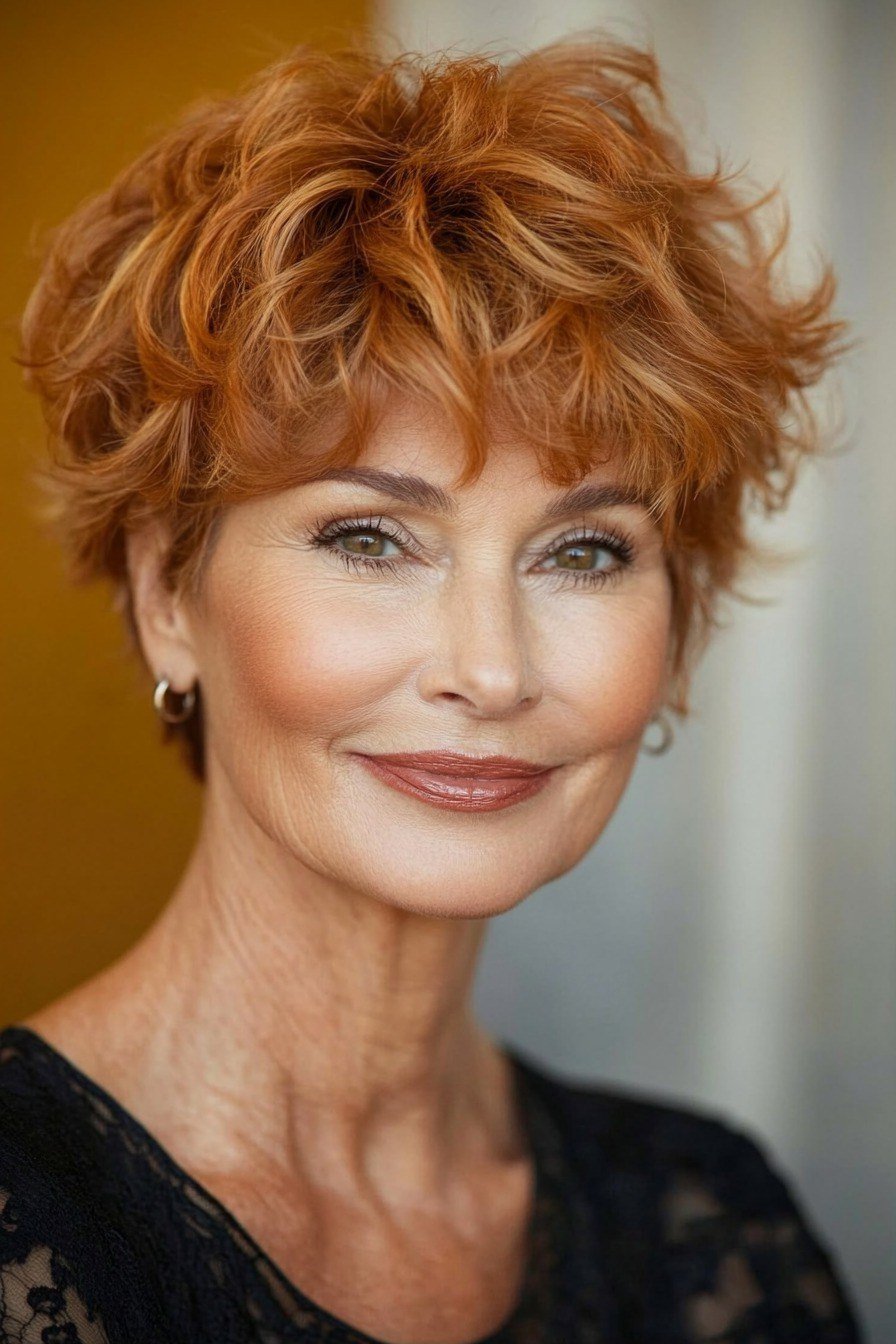 Copper curly bixie haircut front view for women over 60