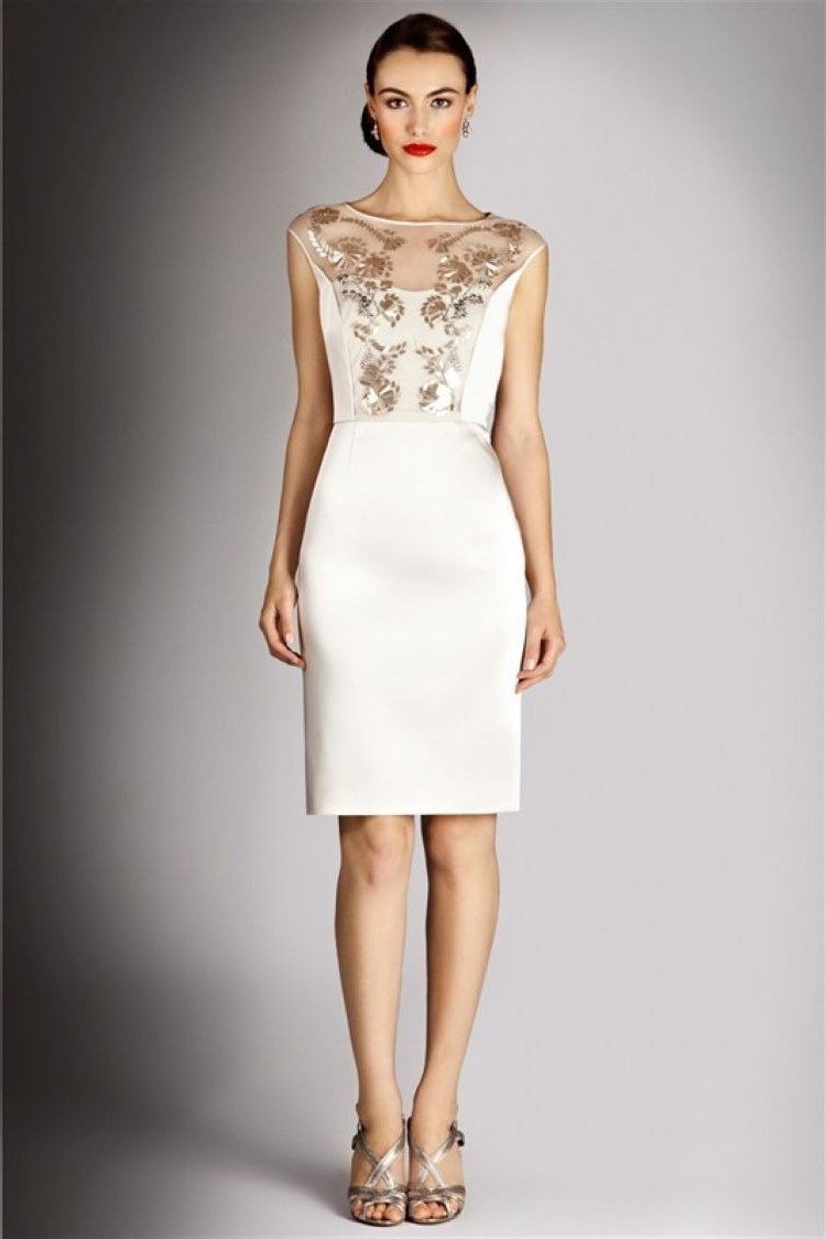 ivory lace-bodice sheath dress, elegant cocktail dress for women over 60
