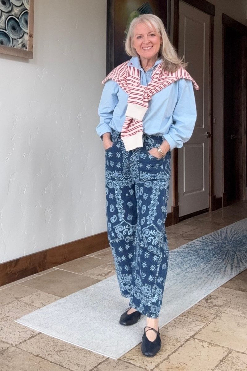 Chambray Shirt with Patterned Wide-Leg Trousers - chic casual outfit for women over 50