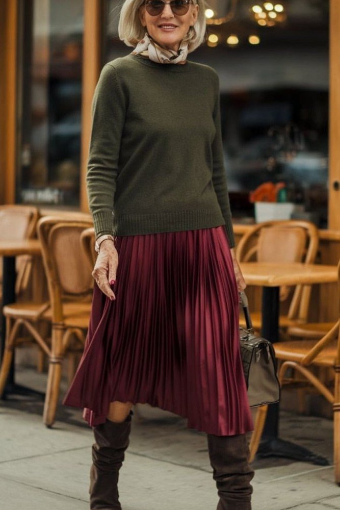 Olive Sweater with a Burgundy Pleated Skirt, classic casual outfit for women over 70