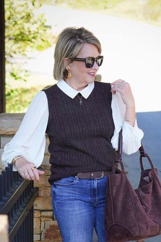 burgundy cable knit sweater vest white shirt blue jeans suede hobo bag women over 50