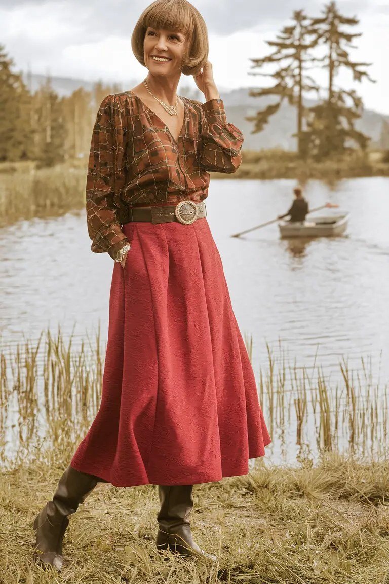 Rust print blouse a red midi skirt rust print top red midi skirt brown - fall outfit idea for women over 40